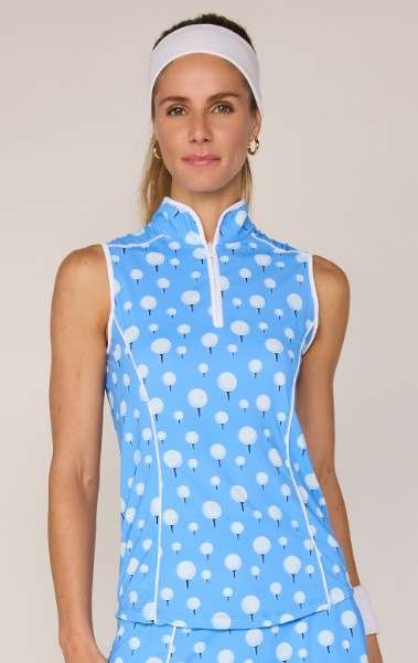 G Lifestyle Sleeveless PIPING MOCK NECK TOP in Tee It Up Bt. Peri