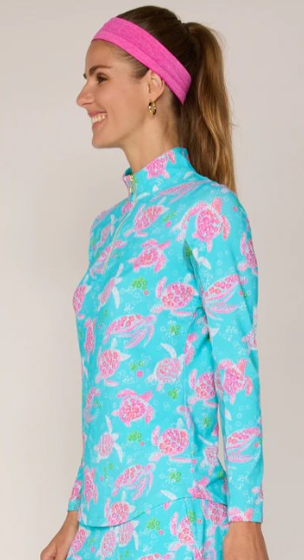 G Lifestyle FLOWER GARDEN Long Sleeve Quarter Zip Top in Car. Turq. Turtle