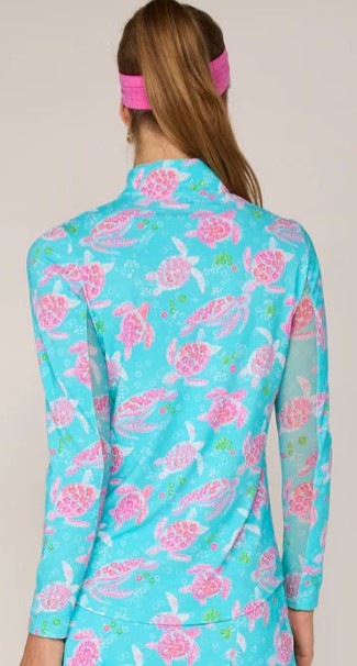 G Lifestyle FLOWER GARDEN Long Sleeve Quarter Zip Top in Car. Turq. Turtle
