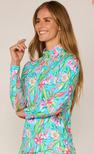 G Lifestyle FLOWER GARDEN Long Sleeve Quarter Zip Top in Multi Blooming Flower