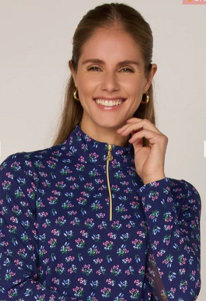 G Lifestyle FLOWER GARDEN Long Sleeve Quarter Zip in Navy Bouquet