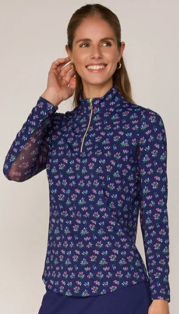 G Lifestyle FLOWER GARDEN Long Sleeve Quarter Zip in Navy Bouquet