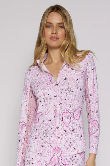 G Lifestyle MOODBOARD Quarter Zip Sun Protection Long Sleeve Top in Pink Paisley