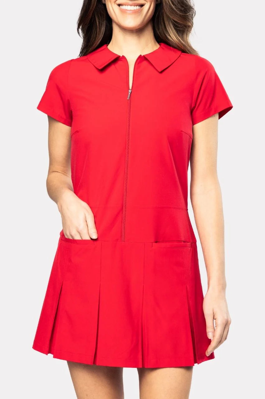 GOLFTINI Timeless Short Sleeve Pleated Dress in Red