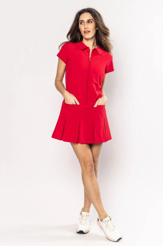 GOLFTINI Timeless Short Sleeve Pleated Dress in Red