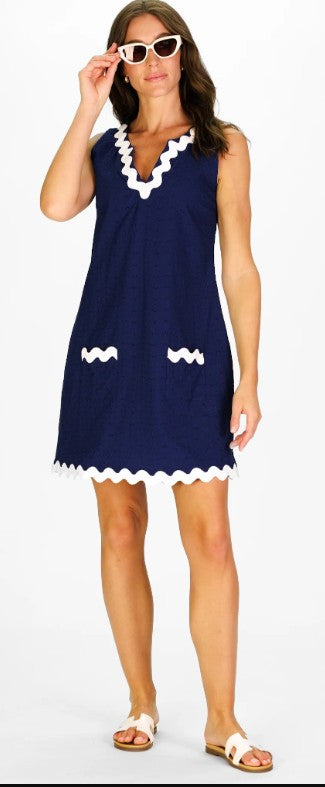 Duffield Ric Rac Grand Sleeveless Dress in Navy Eyelet