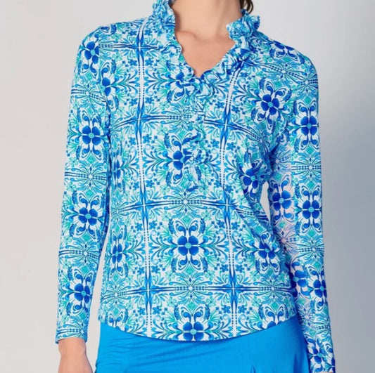 G Lifestyle Spring Ruffle V Neck Top In Blue Tile