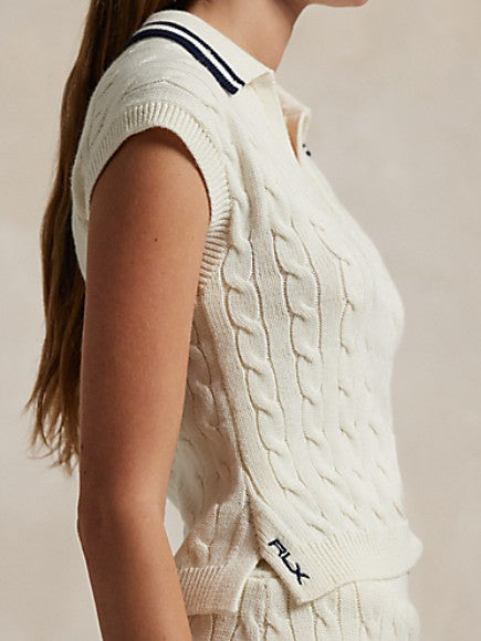 Ralph Lauren RLX SLEEVELESS WOOL BLEND CABLE KNIT V-NECK POLO W/ JOHNNY COLLAR