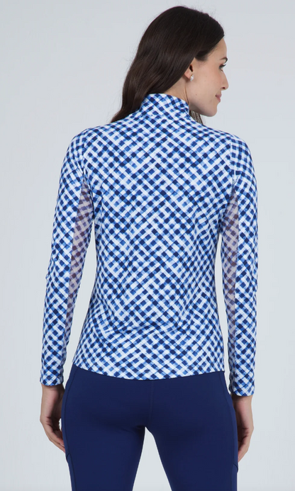 IBKUL Gingham Check Print Long Sleeve Mock Neck Top (Multiple Colors)