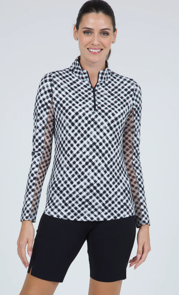 IBKUL Gingham Check Print Long Sleeve Mock Neck Top (Multiple Colors)