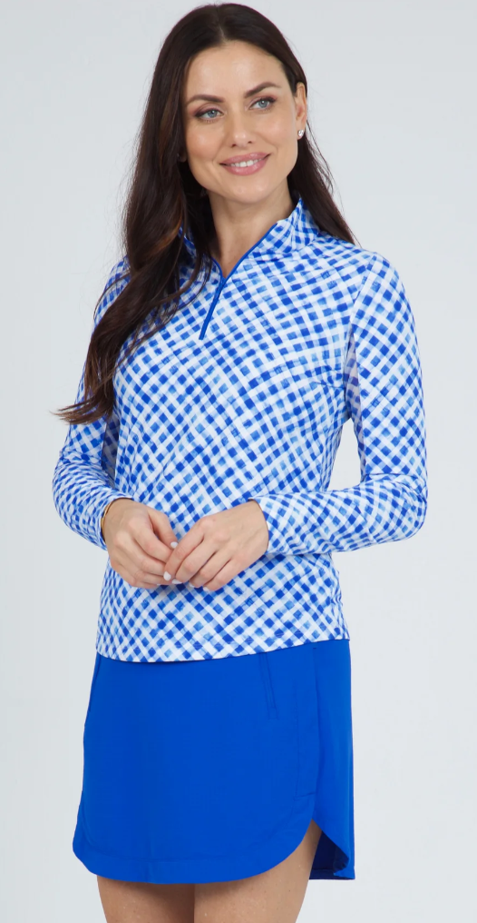 IBKUL Gingham Check Print Long Sleeve Mock Neck Top (Multiple Colors)