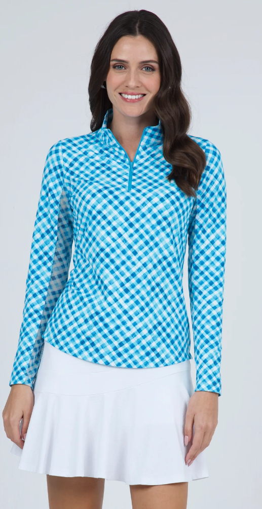 IBKUL Gingham Check Print Long Sleeve Mock Neck Top (Multiple Colors)