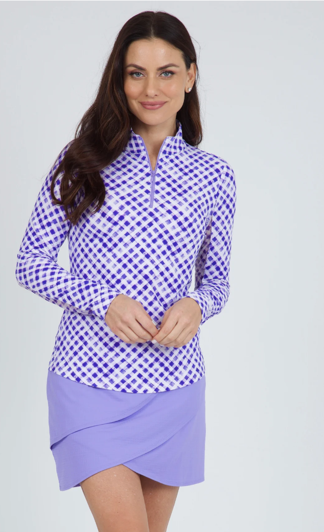 IBKUL Gingham Check Print Long Sleeve Mock Neck Top (Multiple Colors)