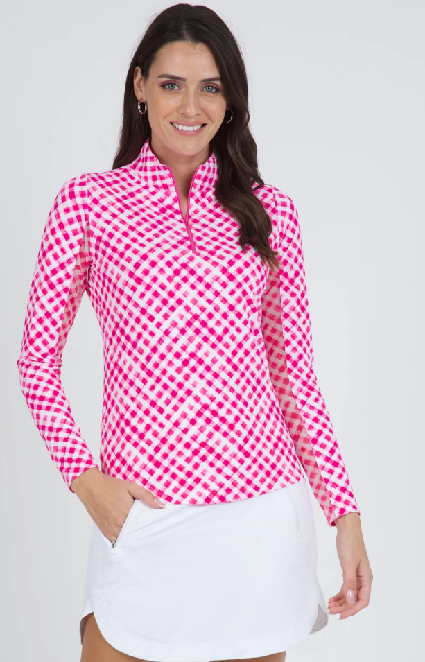 IBKUL Gingham Check Print Long Sleeve Mock Neck Top (Multiple Colors)