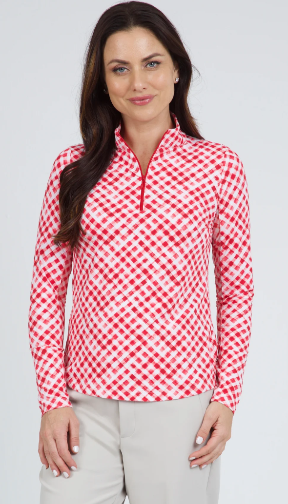 IBKUL Gingham Check Print Long Sleeve Mock Neck Top (Multiple Colors)