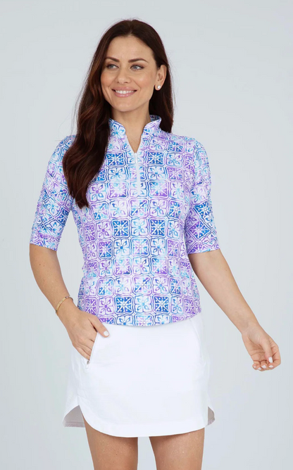 IBKUL Kathy Print Ruched Elbow Length Sleeve Top (Multiple Colors)