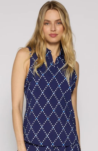 G Lifestyle MOODBOARD Sleeveless Ruffle Polo Top in Diamond Geo Navy