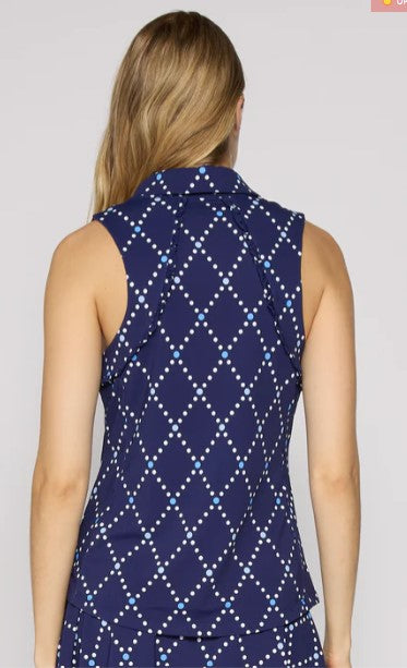 G Lifestyle MOODBOARD Sleeveless Ruffle Polo Top in Diamond Geo Navy