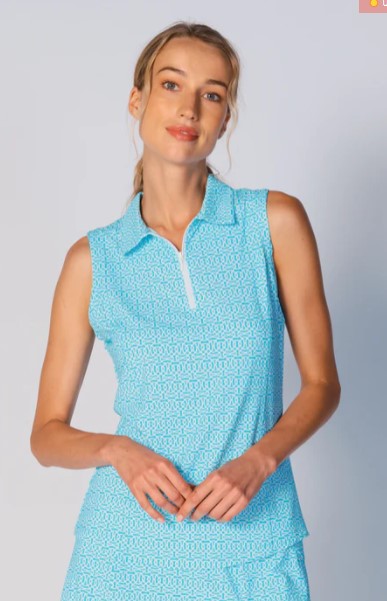 G Lifestyle Spring Sleeveless Zip Polo in Cubic Caribbean Turquoise