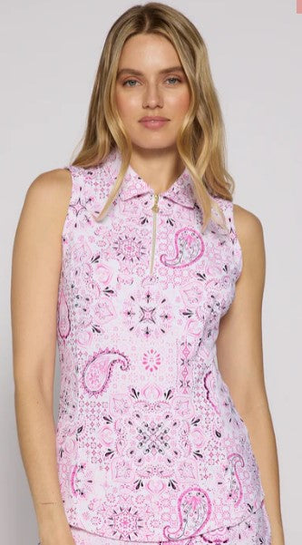 G Lifestyle MOODBOARD Sleeveless Zip Polo in Pink Paisley