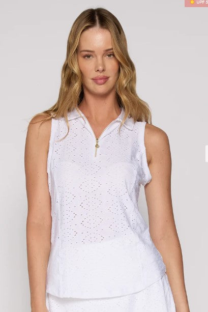 G Lifestyle MOODBOARD Sleeveless Zip Polo in White Eyelet