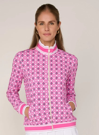 G Lifestyle Striped Trim Performance Zip Jacket in Pink Petite Tile