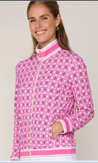 G Lifestyle Striped Trim Performance Zip Jacket in Pink Petite Tile