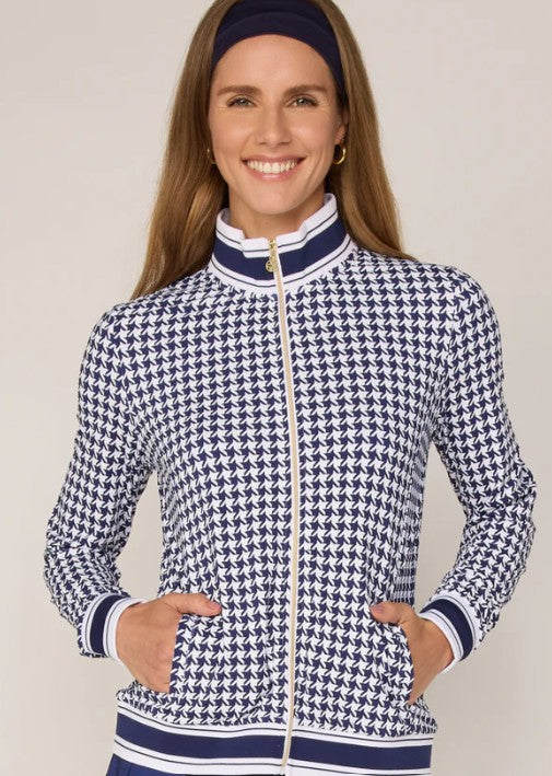 G Lifestyle Striped Trim Performance Zip Jacket in True Navy Houndstooth