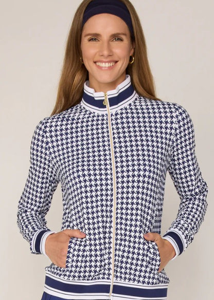 G Lifestyle Striped Trim Performance Zip Jacket in True Navy Houndstooth