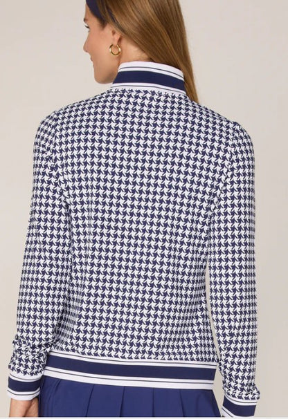 G Lifestyle Striped Trim Performance Zip Jacket in True Navy Houndstooth