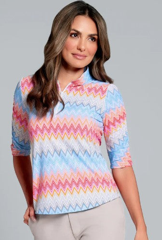 IBKUL Susan Print Ruched Elbow Sleeve Mandarin Collar Top (Multiple Colors)