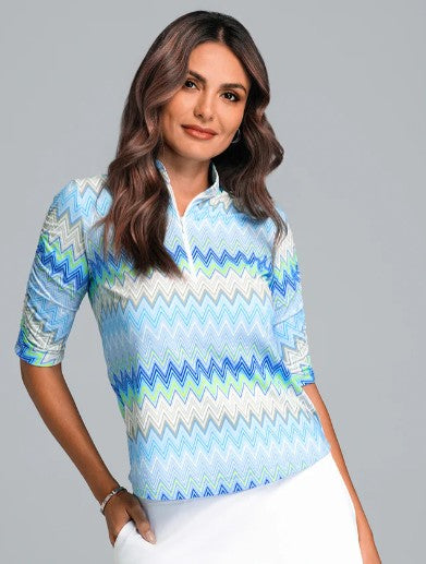 IBKUL Susan Print Ruched Elbow Sleeve Mandarin Collar Top (Multiple Colors)