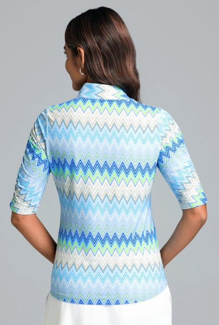 IBKUL Susan Print Ruched Elbow Sleeve Mandarin Collar Top (Multiple Colors)