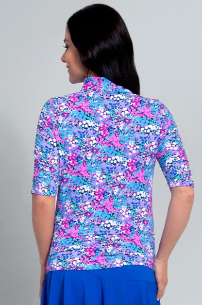 IBKUL Allana Print Ruched Elbow Sleeve Mandarin Collar Top (Multiple Colors)