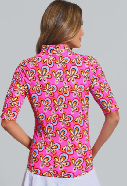 IBKUL Arya Print Ruched Elbow Sleeve Mandarin Collar Top (Multiple Colors)