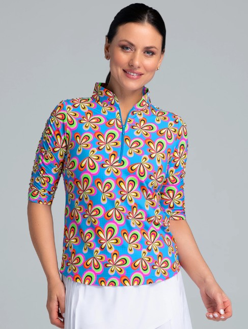IBKUL Arya Print Ruched Elbow Sleeve Mandarin Collar Top (Multiple Colors)