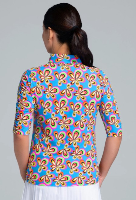 IBKUL Arya Print Ruched Elbow Sleeve Mandarin Collar Top (Multiple Colors)