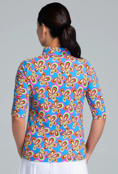 IBKUL Arya Print Ruched Elbow Sleeve Mandarin Collar Top (Multiple Colors)