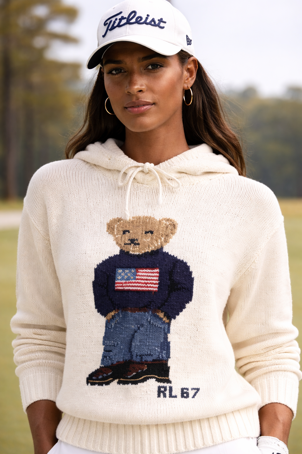 Ralph Lauren RLX LONG-SLEEVE COTTON/LINEN NOVELTY BEAR HOODED SWEATER