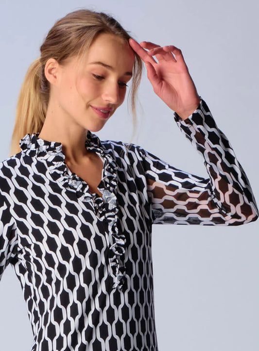 G Lifestyle MOODBOARD Long Sleeve Ruffle Collar Top with Gold Buttons in Diamond Geo Black