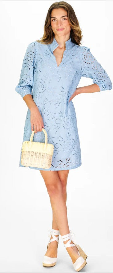 Duffield Lane Fia 3/4 Sleeve Dress in Sky Floral Eyelet 36"