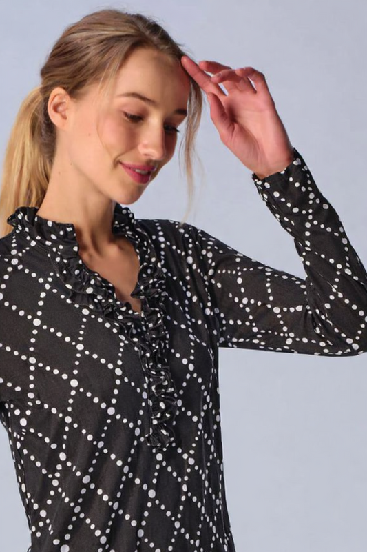G Lifestyle MOODBOARD Long Sleeve Ruffle Collar Top with Gold Buttons in Diamond Geo Black