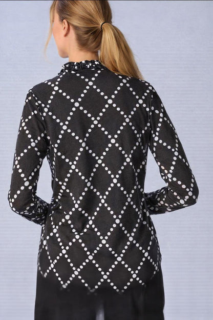 G Lifestyle MOODBOARD Long Sleeve Ruffle Collar Top with Gold Buttons in Diamond Geo Black