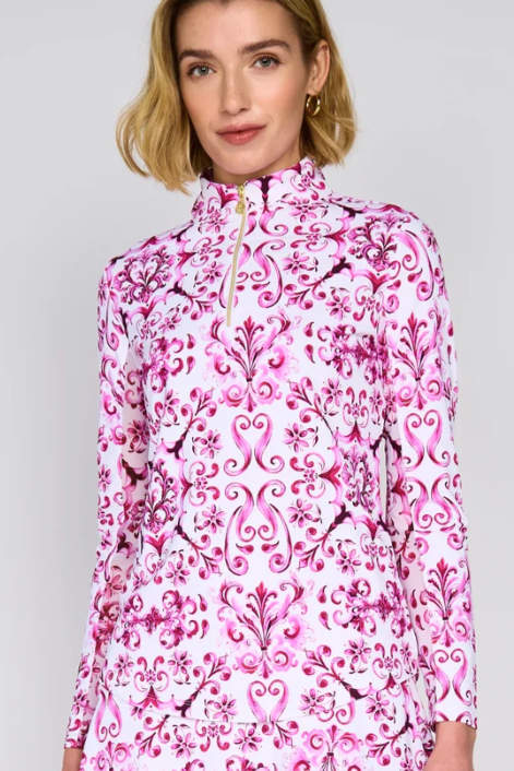 G Lifestyle Golf Mock Neck Quarter-Zip Pullover Long Sleeve - Pink Crest
