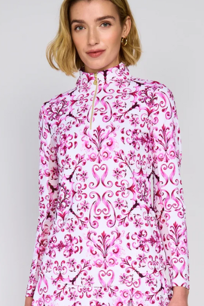 G Lifestyle Golf Mock Neck Quarter-Zip Pullover Long Sleeve - Pink Crest