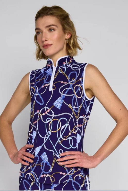G Lifestyle Piped Sleeveless Performance Top - Navy Belts
