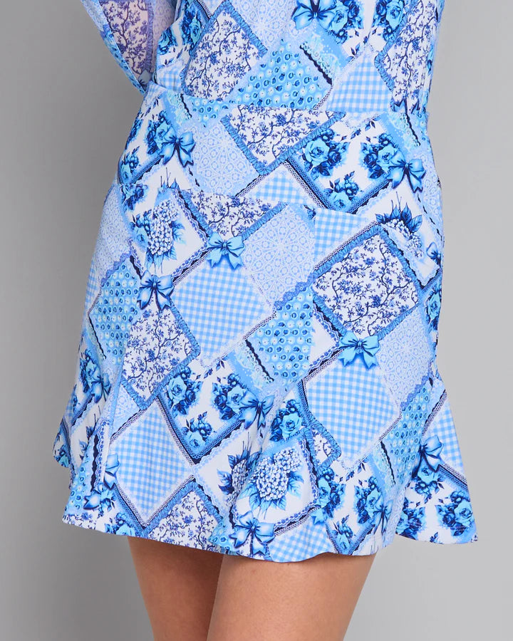 G Lifestyle Flare Godet Skort 17" in Blue Boho Chic