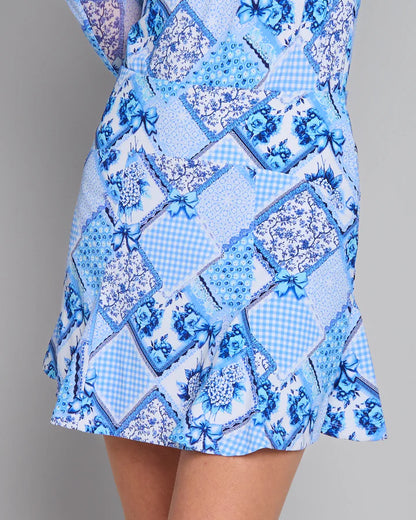 G Lifestyle Flare Godet Skort 17" in Blue Boho Chic