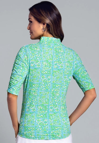 IBKUL Josie Print Ruched Elbow Sleeve Mandarin Collar Top (Multiple Colors)
