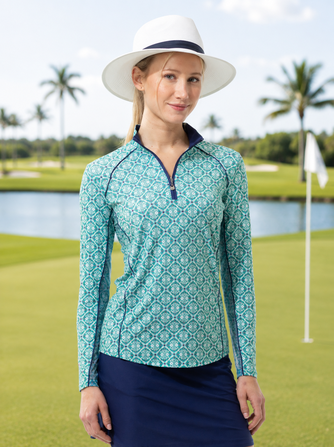 SanSoleil Women's SolCool Longsleeve Casablanca Print Mock (Multiple Colors)